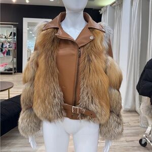 Orange Leather Jacket with Fur Trim